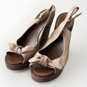 Boden Brown Leather Suede Slingback Wedge Sandals Bow Peep Toe Size 39 US 8